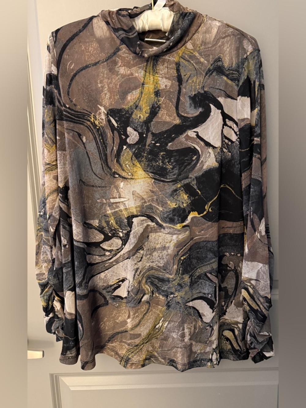Susan Graver Marble-Print Long Sleeve Shirt in Taupe, Black & Yellow